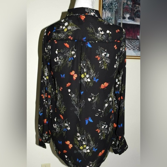 Worthington Women Black Multi Butterflies Flowers Long Sleeve Shirt Blouse, Sz S - Picture 2 of 7